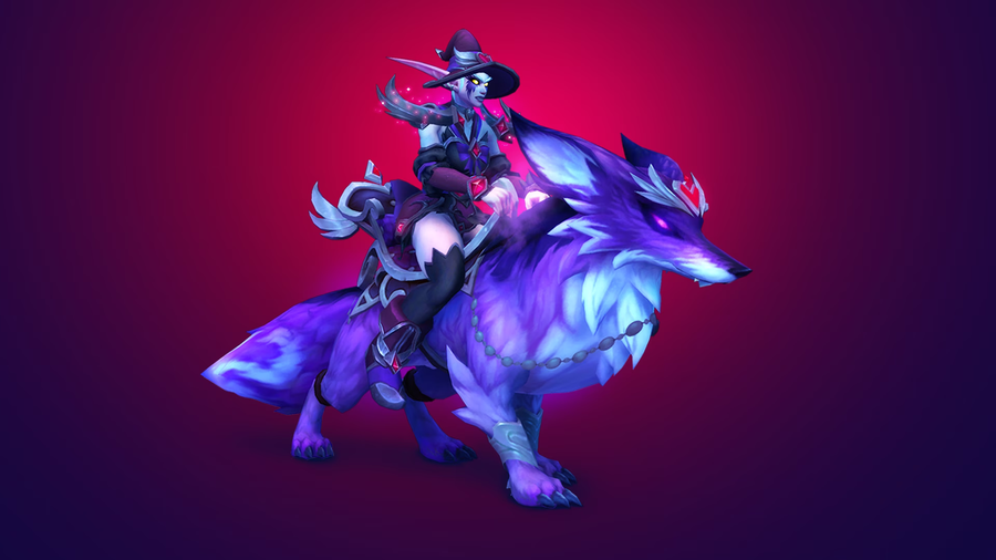 A purple fox with glowing magenta eyes, ridden by a night elf woman dressed in the dark purple and black 